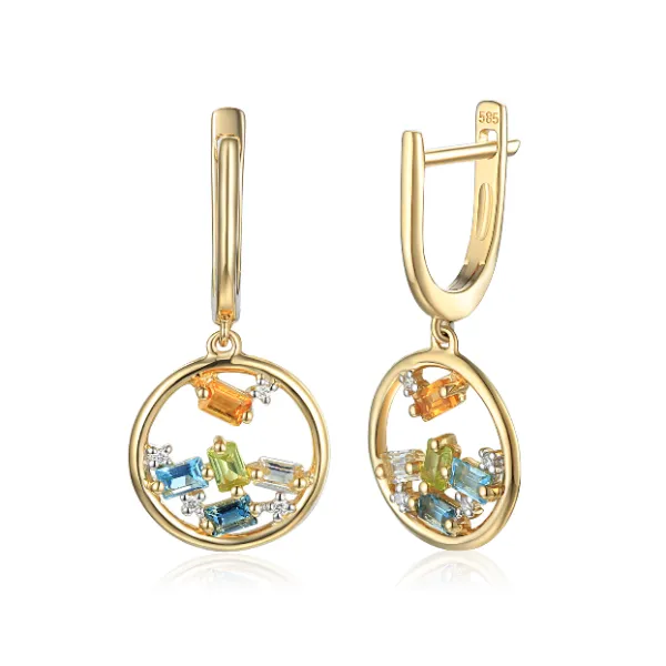 ZŁOTE 585 KOLCZYKI KOŁA WISZĄCE RÓŻNE KAMIENIE