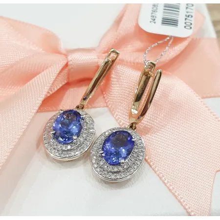 KOLCZYKI TANZANIT DIAMENTY BIAŁE ZŁOTO PRÓBA 585