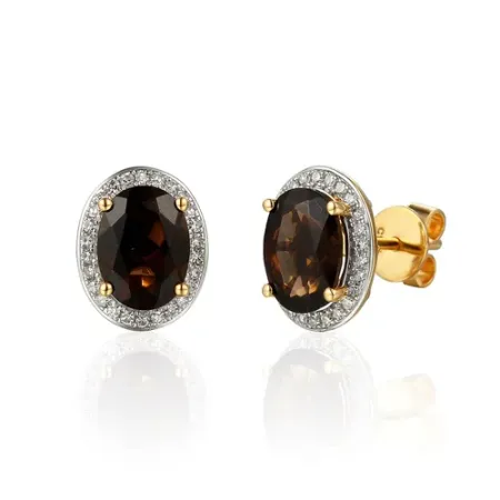 Złote Kolczyki Kwarc Dymny Diamenty Sztyft pr 585