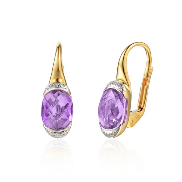 Złote 585 Kolczyki Ametyst Brylanty Patentka