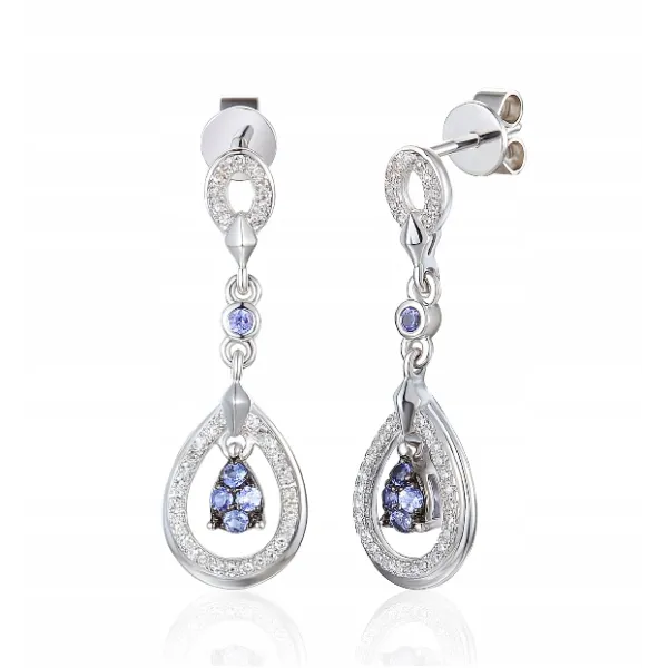 Kolczyki Tanzanit Diamenty Białe Złoto 585 Sztyft