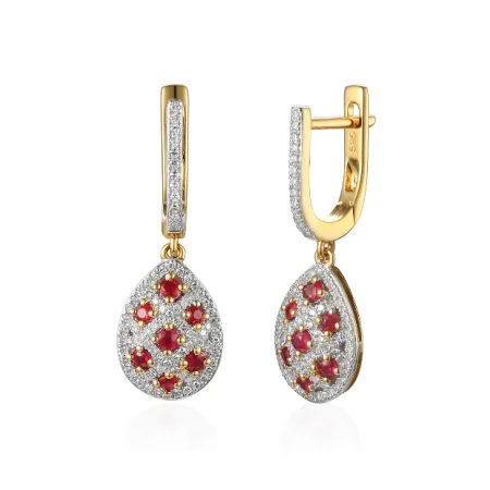 Złote Wiszące Kolczyki Rubin Diamenty Próba 585