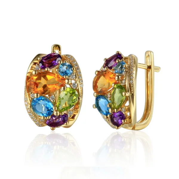 Złote 585 Kolczyki Ametyst Topaz Cytryn Brylanty