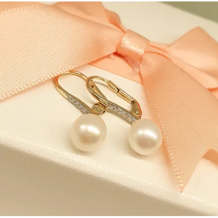 ZŁOTE 585 KOLCZYKI PERŁY z DIAMENTAMI