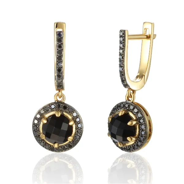 Złote Kolczyki Agat Czarne Diamenty Angielskie 585