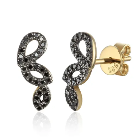 ZŁOTE 585 KOLCZYKI LISTKI CZARNE DIAMENTY SZTYFT