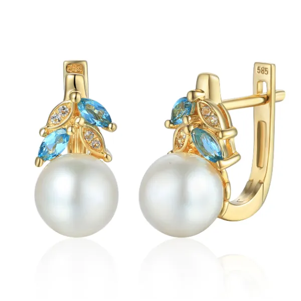 ZŁOTE 585 KOLCZYKI PERŁY BIAŁY I NIEBIESKI TOPAZ