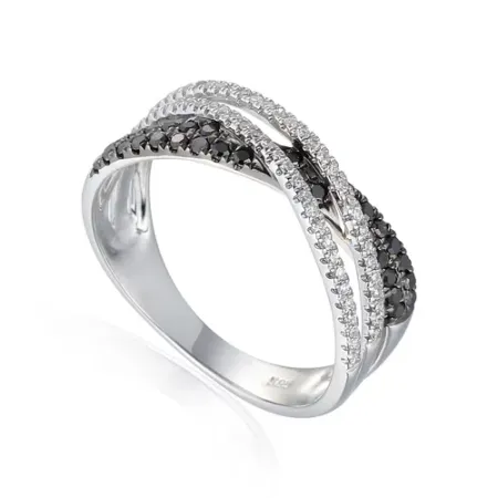 Pierścionek 585 Czarne Białe Brylanty Białe Złoto