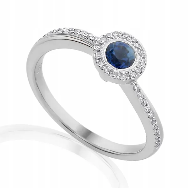 ZŁOTY 585 PIERŚCIONEK SZAFIR DIAMENTY PREZENT