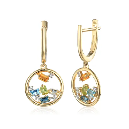 ZŁOTE 585 KOLCZYKI KOŁA WISZĄCE RÓŻNE KAMIENIE