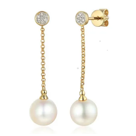 ZŁOTE 585 KOLCZYKI PERŁY DIAMENTY WISZĄCE