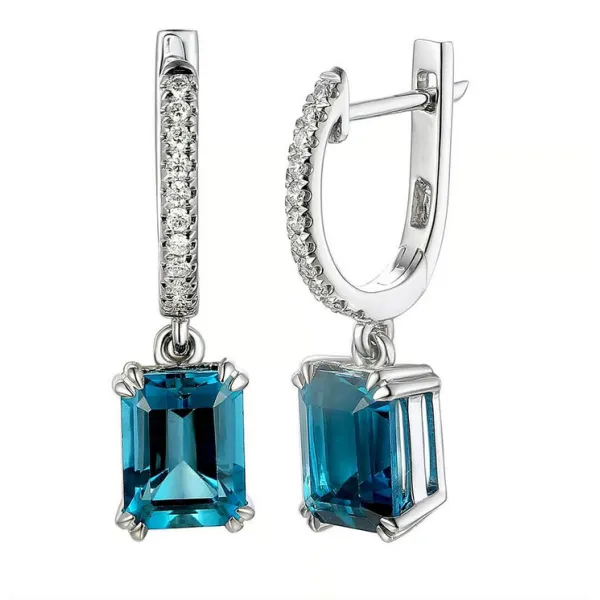 KOLCZYKI BIAŁE ZŁOTO LONDON BLUE TOPAZ DIAMENTY 