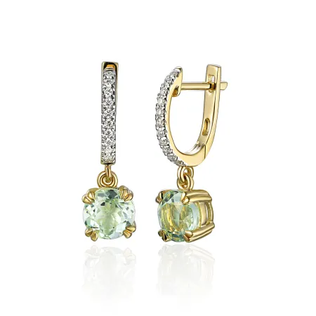 ZŁOTE 585 KOLCZYKI ZIELONY AMETYST DIAMENTY