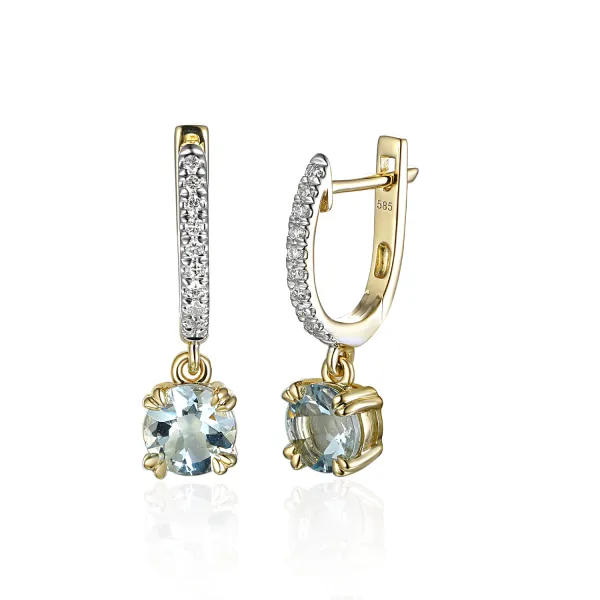 ZŁOTE MODNE KOLCZYKI AKWAMARYN DIAMENTY PRÓBA 585