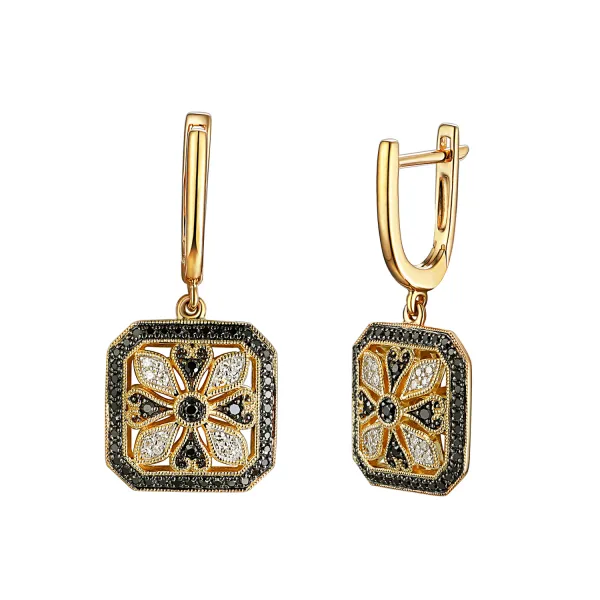 ZŁOTE  KOLCZYKI CZARNE BIAŁE DIAMENTY PREZENT