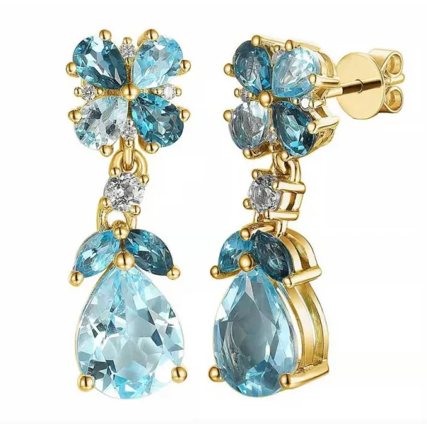 ZŁOTE 585 KOLCZYKI Z TOPAZAMI I DIAMENTAMI SZTYFT