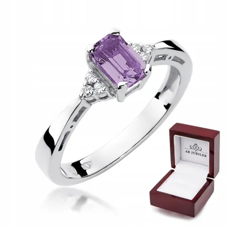 Pierścionek Białe Złoto 585 Ametyst Diament Grawer