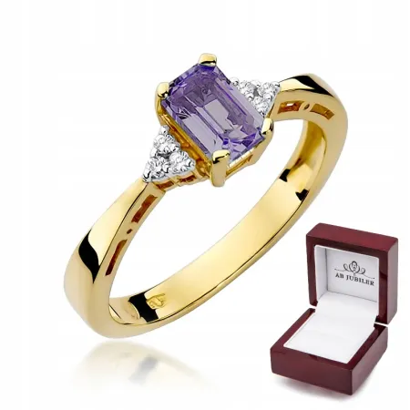 Złoty 14K Zaręczynowy Pierścionek Ametyst Diament