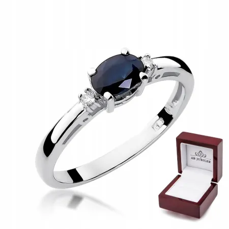 Pierścionek 585 Białe Złoto Szafir Diamenty Grawer