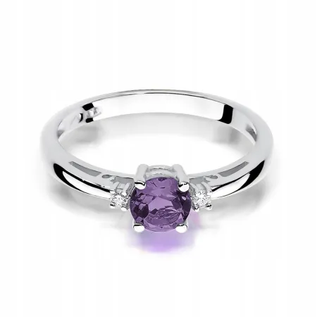 Złoty 585 Pierścionek Zaręczynowy Ametyst Diamenty