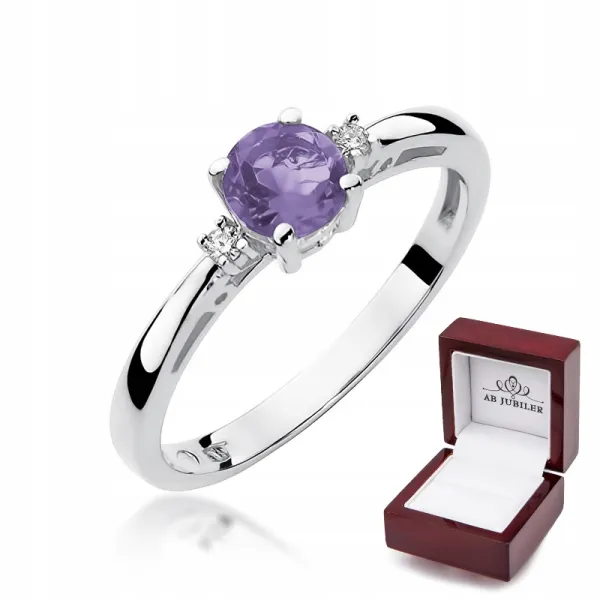 Pierścionek 585 Białe Złoto Ametyst Diament Grawer