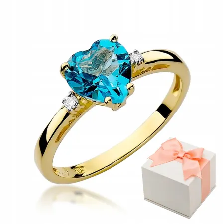 Złoty Pierścionek Serce Duży Topaz Diamenty Grawer