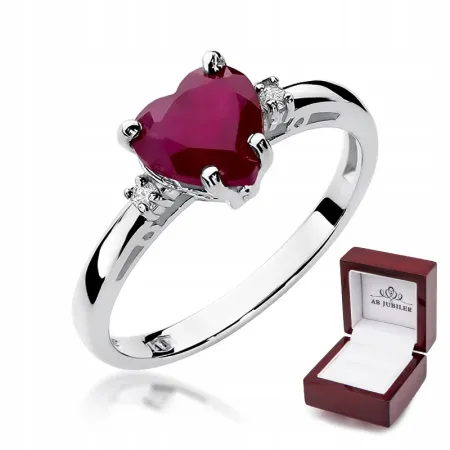 Pierścionek Białe Złoto Rubin Brylant Serce Grawer
