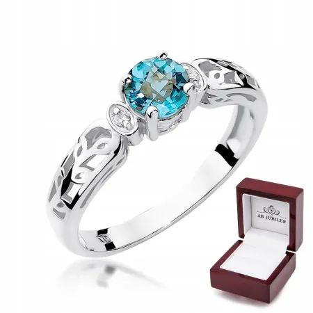 Zaręczynowy Pierścionek Białe Złoto Topaz Diamenty