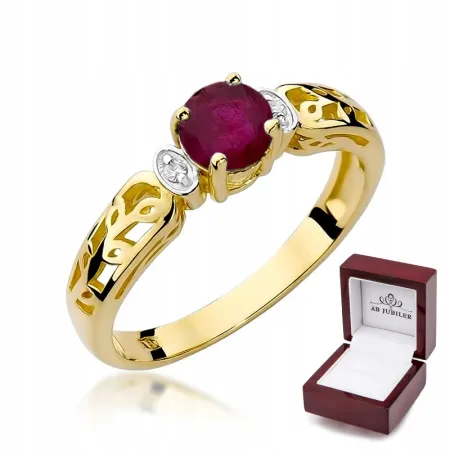 Złoty 14K Pierścionek Zaręczynowy Rubin Brylanty