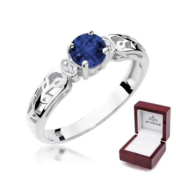 Pierścionek z Szafirem Brylantami Białe Złoto 585