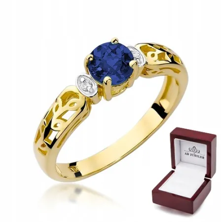 Złoty 14K Pierścionek Szafir i Brylanty Grawer