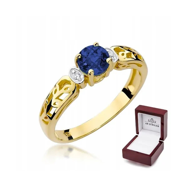 Złoty 14K Pierścionek Szafir i Brylanty Grawer