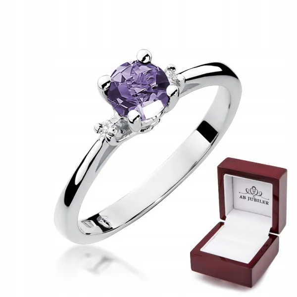 Pierścionek 585 Zaręczynowy Ametyst Białe Złoto
