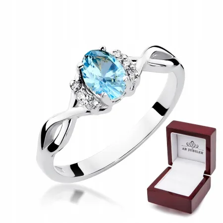 Pierścionek 14K Białe Złoto Topaz Diamenty Grawer