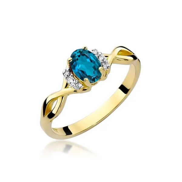 Złoty 14K Pierścionek Topaz London Blue Diamenty