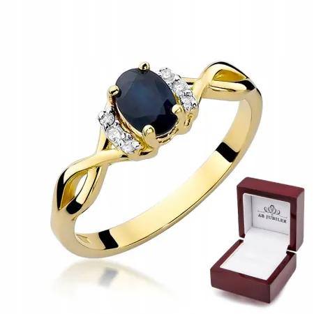 Złoty 14K Pierścionek Zaręczynowy Szafir Diamenty