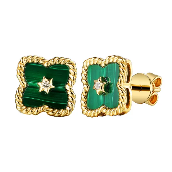 ZŁOTE 585 KOLCZYKI MALACHIT I DIAMENTY KONICZYNKI