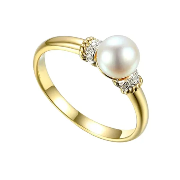 ZŁOTY 585 PIERŚCIONEK PERŁA DIAMENTY GRAWER