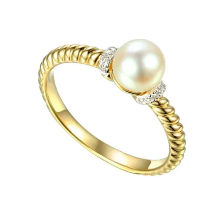 ZŁOTY PIERŚCIONEK PERŁA DIAMENTY GRAWER PRÓBA 585
