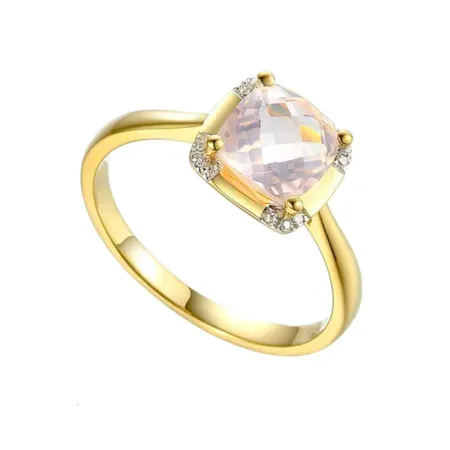Złoty 585 Pierścionek Różowy Kwarc Diamenty Grawer