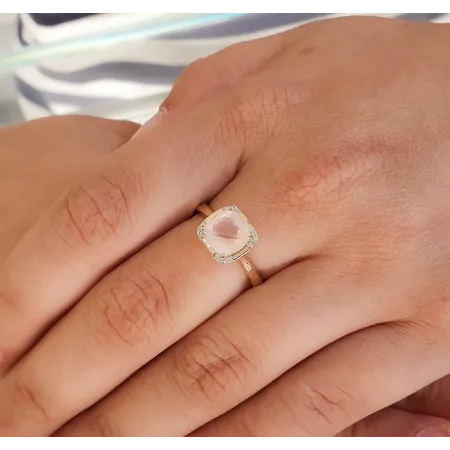 Złoty 585 Pierścionek Różowy Kwarc Diamenty Grawer