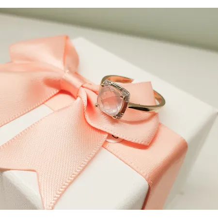 Złoty 585 Pierścionek Różowy Kwarc Diamenty Grawer