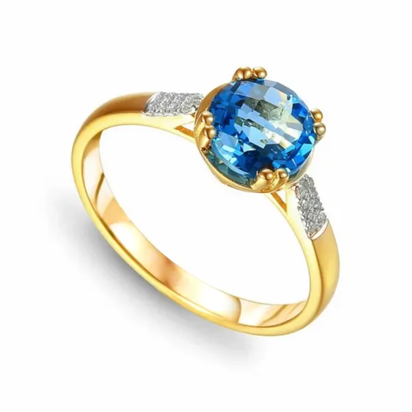 Złoty 585 Pierścionek Topaz i Diamenty Grawer