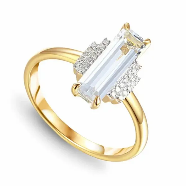 Złoty 585 Pierścionek Biały Topaz Diamenty Grawer