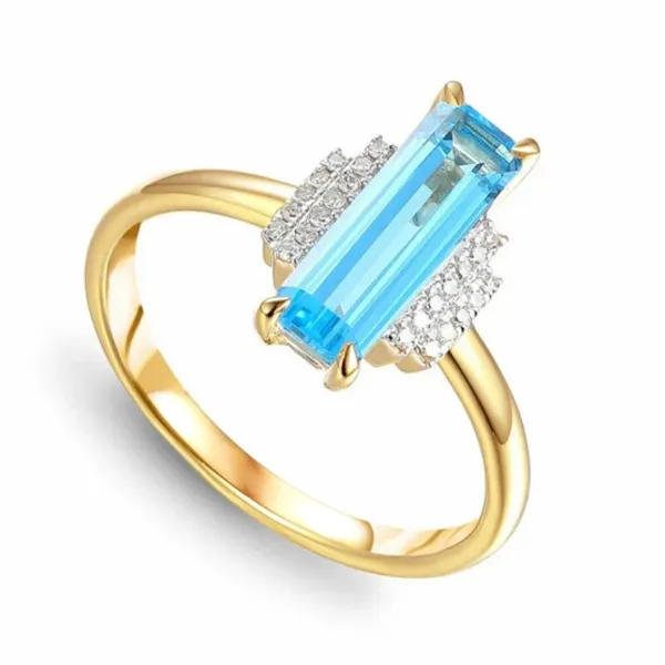 Złoty 585 Pierścionek z Topazem i Diamentami