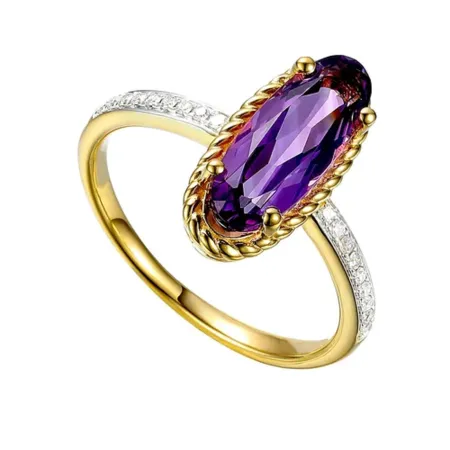 Złoty 585 Pierścionek Ametyst i Diamenty Grawer