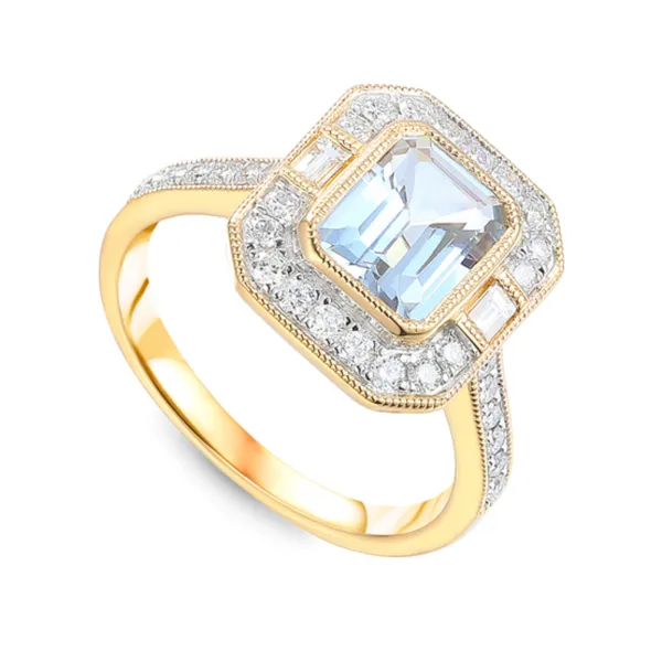 Złoty 585 Pierścionek Akwamaryn Diamenty Grawer