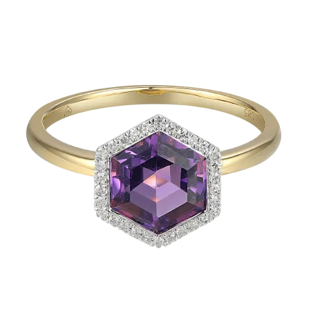 Złoty 585  Pierścionek Ametyst Diamenty 