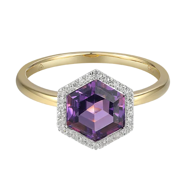 Złoty 585  Pierścionek Ametyst Diamenty 