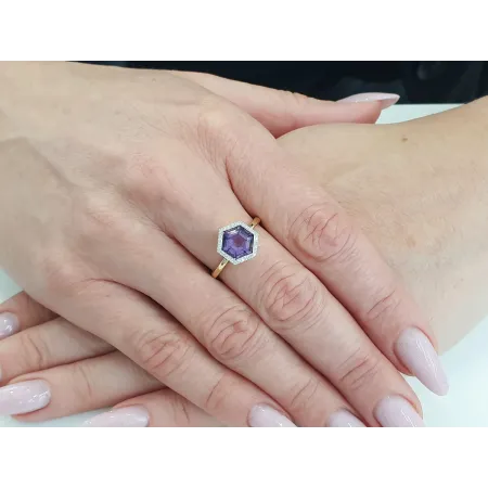 Złoty 585  Pierścionek Ametyst Diamenty 